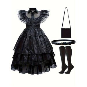 4pcs Adams Black Witch Princess Dress Party Halloween Costume